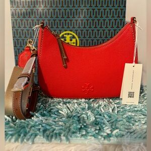 Authentic Tory Burch Thea Textured Convertible Crossbody Poppy Red Brand New